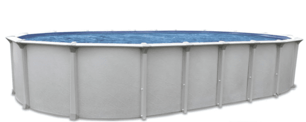 An above-ground, round PREMIUM POOL-Colombia 54"- 8" Resin Top Rail-SALT FRIENDLY with a metal frame and blue water, isolated on a white background.